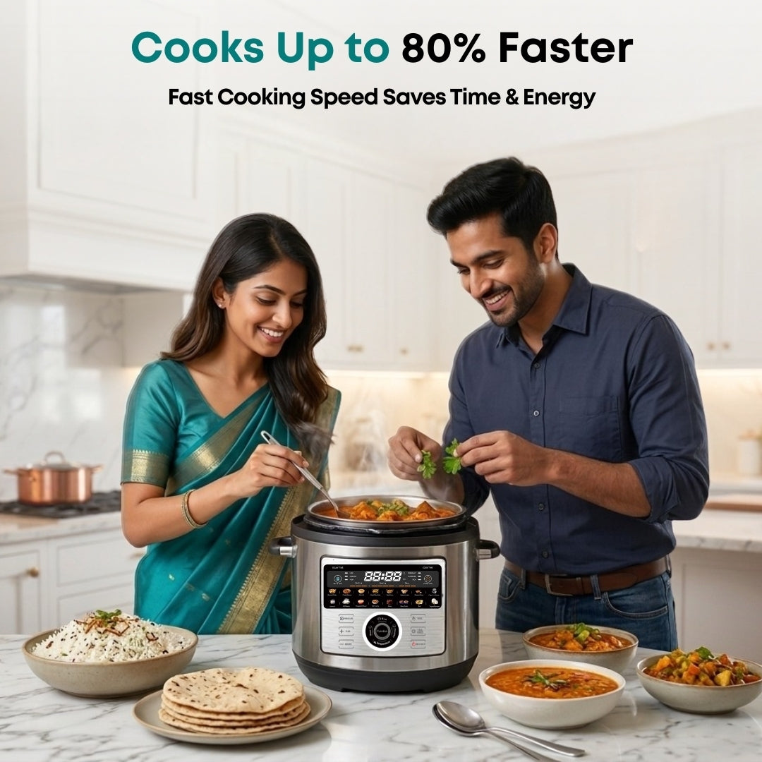 Man and woman preparing food in a kitchen with a pressure cooker, text about fast cooking speed.