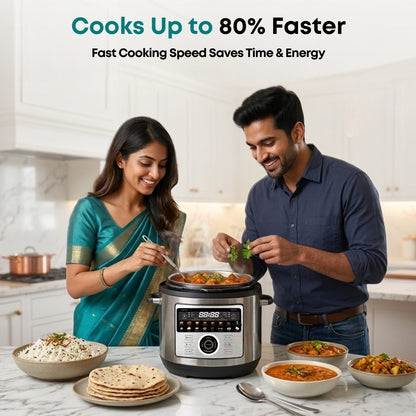 Man and woman preparing food in a kitchen with a pressure cooker, text about fast cooking speed.