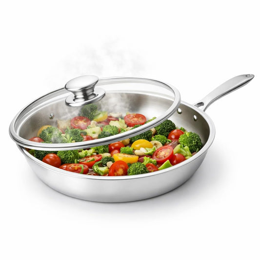 Libra Triply Stainless Steel Fry Pan 12 Inch with Lid | Induction Compatible, PFOA-Free, Heavy Duty Cooking Pan